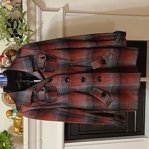 Jack by BB Dakota Plaid Jacket Red Black Gray Button Up Coat Medium Wool Blend